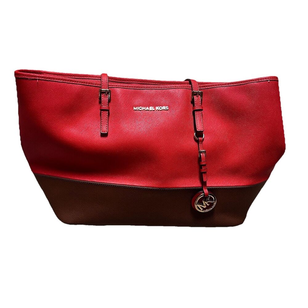 Michael Kors Jet Set Travel Colorblock Heritage Handbag Orange Brown Shopper